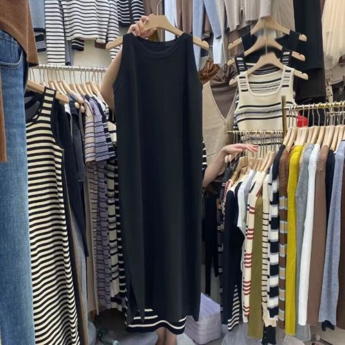 Spring New French Sleeveless Elegant Slimming Long Dress for Petite Women Striped Cut-out Needle Back V Neck Dress