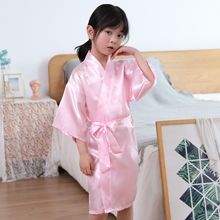 儿童睡袍纯色仿真丝绸色丁和服式夏季冰丝薄款七分袖家居服跨境