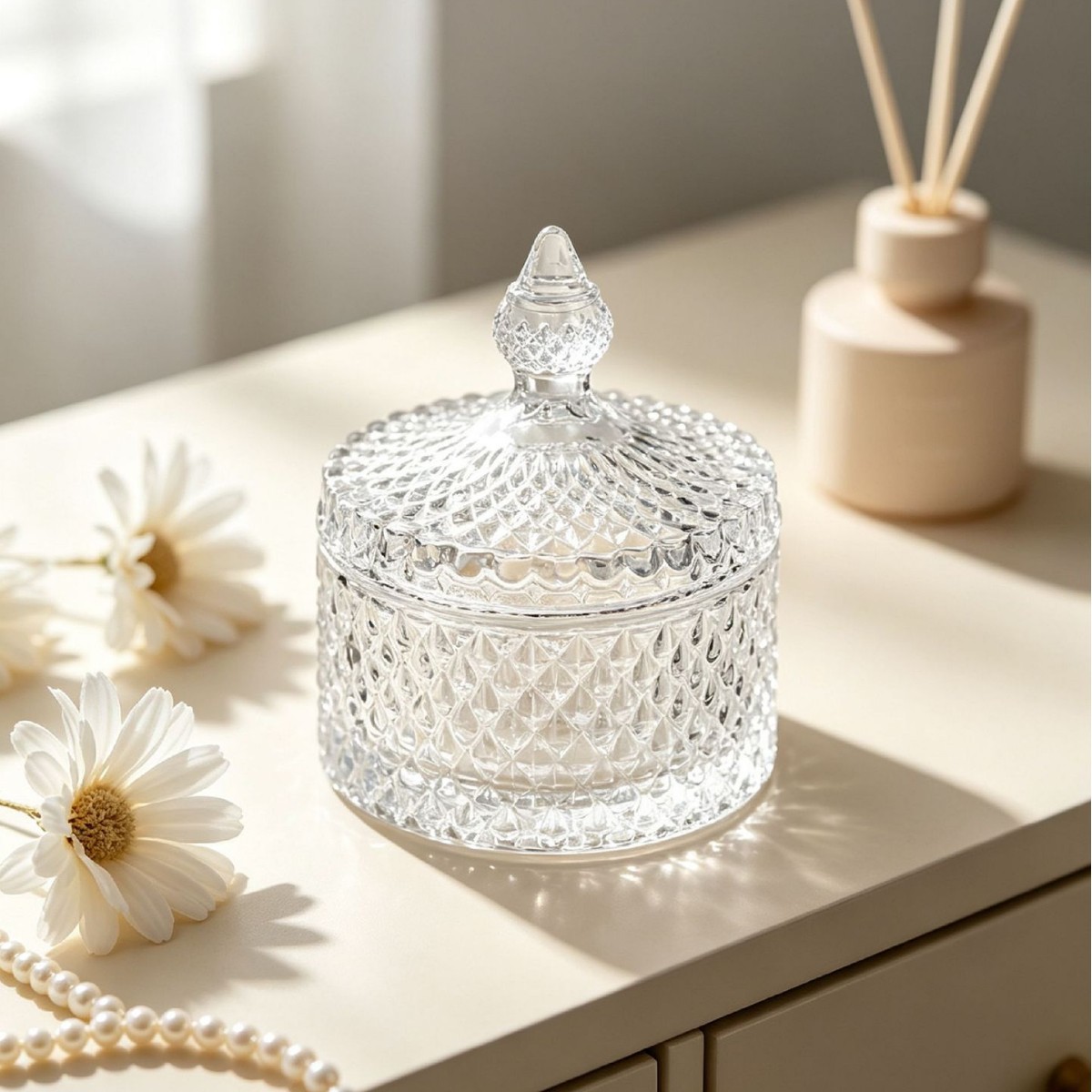 Latas de caramelos de vidrio con patrón de gota de agua de lujo ligero con tapa para bodas domésticas y regalos de acompañamiento de azúcar contenedores rituales de Mesa image 4