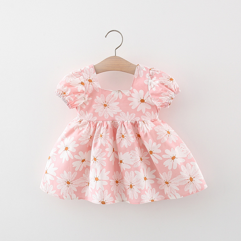 Short Sleeve Sleeve Length Pastoral Flower Chrysanthemum Cotton Girls Dresses