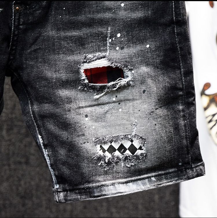 Men's Slim Fit Denim Shorts Trendy Stylish Spray Paint Ripped Patched Black Stretch Summer Five Point Pant_mkmklike.com