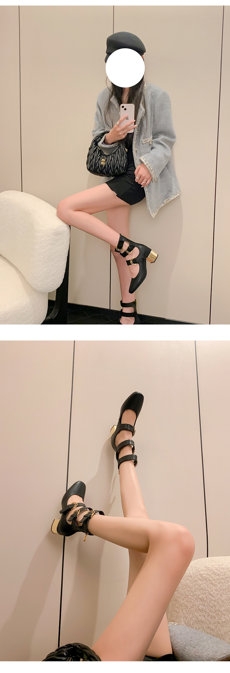 Boot nữ da thật cổ cao hở mũi gót vuông phong cách La Mã khóa kéo sau — Màu đen, Màu trắng be chi tiết 19