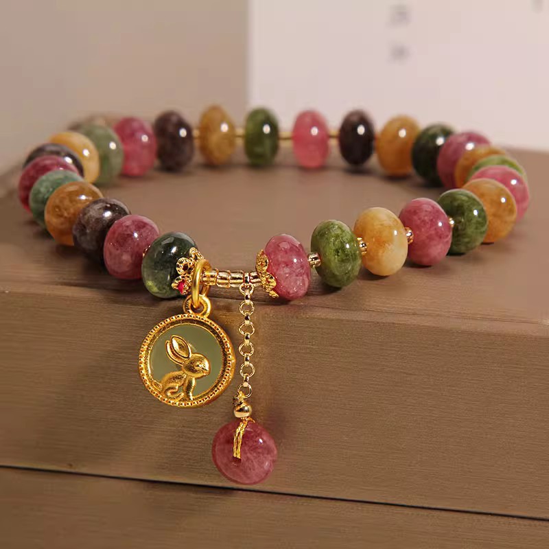 Nicho de jade natural color pulsera de turmalín mujer ligera lujo retro colgante de conejo delicada pulsera red