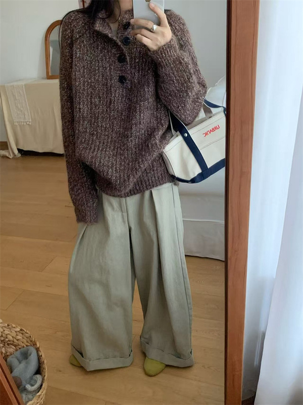韩系软糯半开领毛衣女2025新款秋冬休闲宽松慵懒花风纱针织上衣潮|undefined