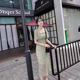 跨境爆款法式碎花连衣裙女夏新款收腰显瘦气质中长裙小清新雪纺裙