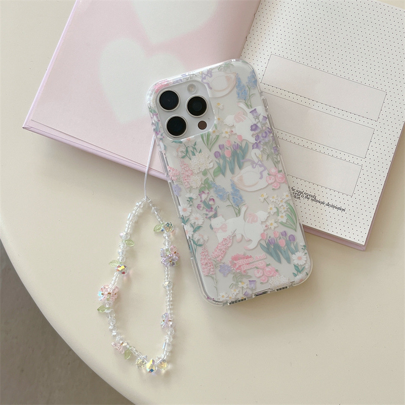 Pequeño gato de flores frescas para Apple 16ProMax funda para teléfono móvil cadena 15Pro 14 verano 15PM nuevo 14P