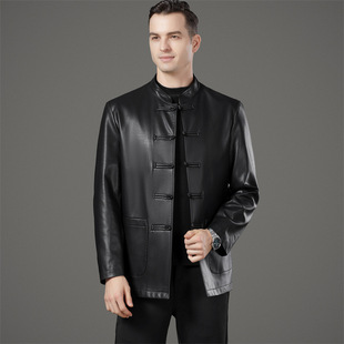2025 Spring and Autumn New Stand Collar Men's Leather Jacket Middle-Aged Dad's Casual Multi-Pocket Sheepskin Jacket Coat