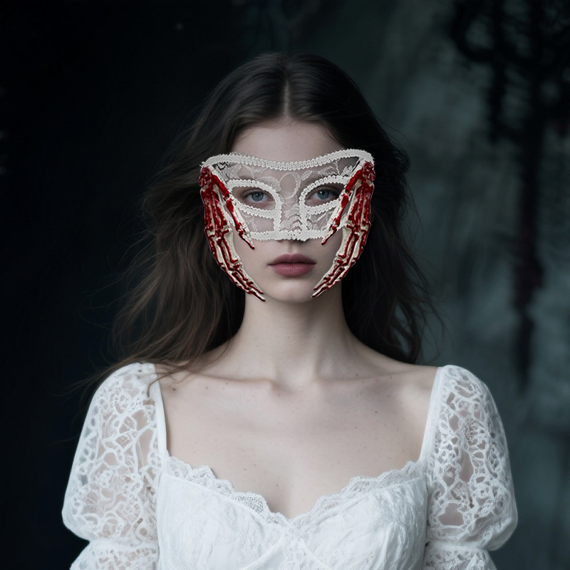 Halloween transfronterizo nuevo encaje plano baile mitad cara máscara princesa horrores esqueleto mano sangre props espectáculo