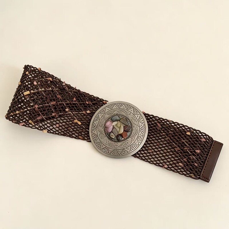 Cross-Border Hot-Selling Y2K Spicy Girl Hippie Tribal Heavy-Duty Soft Stone Disc Buckle Belt Elastic Woven Wide Belt