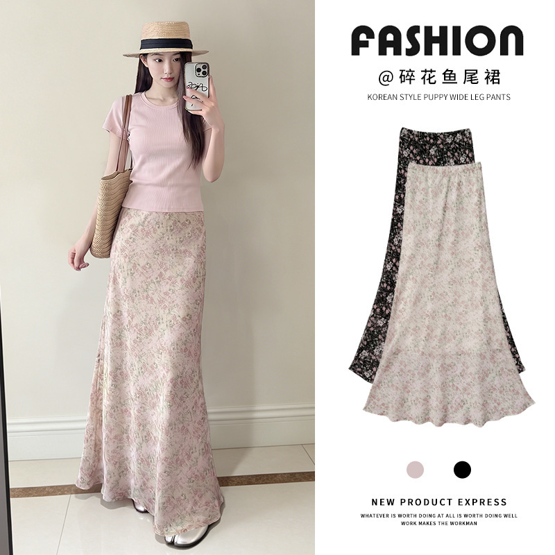 French-Style Gentle Floral Print Skirt for Women, Summer Slim-Fit Chiffon Fishtail Skirt, Sweet and Versatile A-Line Long Skirt French-Style Gentle Floral Print Skirt for Women, Summer Slim-Fit Chiffon Fishtail Skirt, Sweet and Versatile A-Line Long Skirt