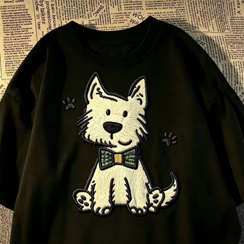 Black Short-Sleeved T-Shirt for Women, New Summer Style, Cartoon Puppy Bow, Imitation Embroidery Print, Loose Round Neck Top, Trendy