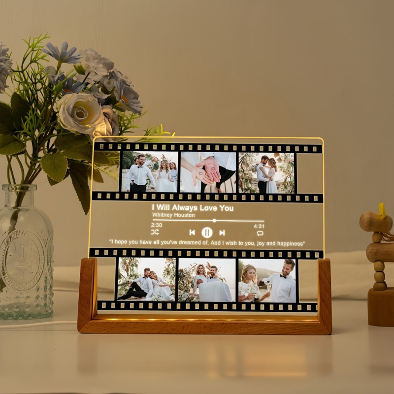 Manufacturer Wholesale Wooden Photo Frame Base Creative Solid Wood Acrylic Ornaments 3D Night Light U-Shaped Photo Frame Lamp Holder