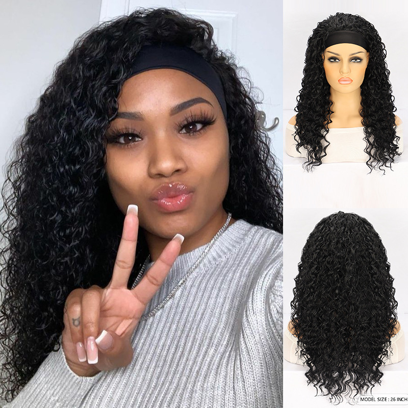 Cross-border Wig African Women Black Long Curly Hair Small Curly Hair Band Headset Ice Ribbon wigs Factory Outlet