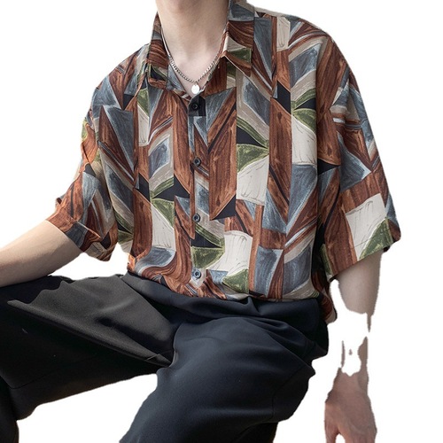 Men's Vintage Short-Sleeve Floral Shirt, Youth Harajuku Style, Thin Version, Beach Gangster Style, Hip Floral Top, Five-Sleeve