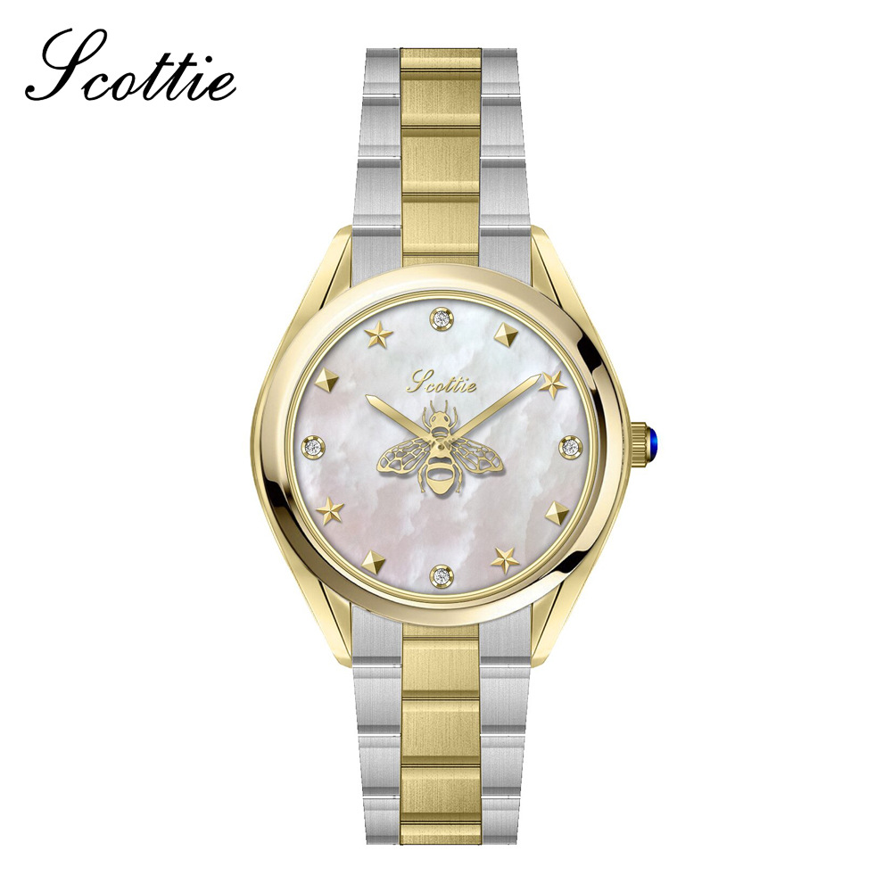 Orologio da donna Scottie New Fashion con cinturino in acciaio girevole Little Bee, quadrante in madreperla e lancetta dei secondi, 9595D_voghion.com
