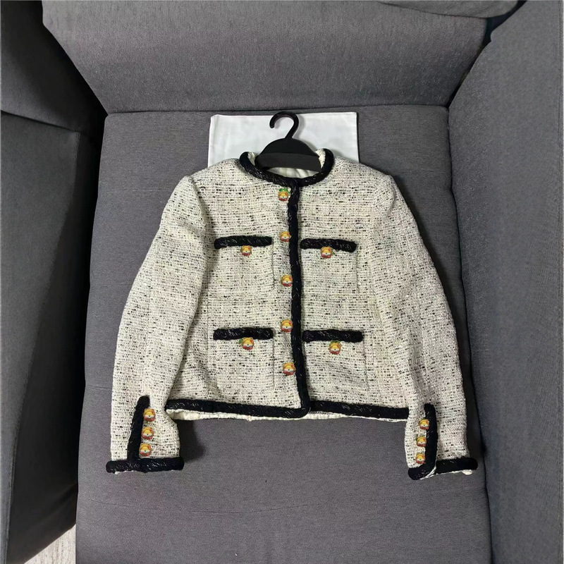Original development details*C26 new model off-white coarse woven jacket with patch pockets and black lace for women, Nanyou