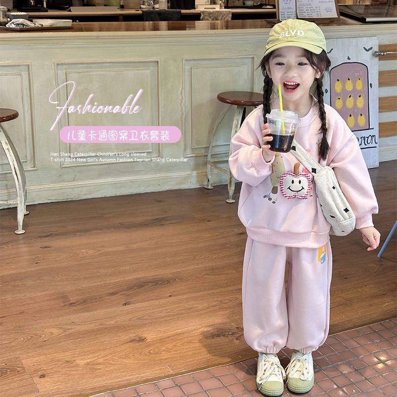 Girls' Autumn/Winter Fleece-Lined Sweatshirt Set: Stylish and Trendy Cartoon Top, Casual Two-Piece Set