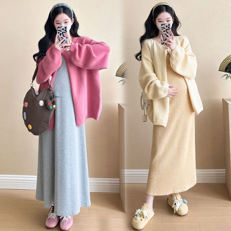 Maternity Set Autumn Fashion Set Loose Mid-Length Pregnant Women Dress Easiest for Match Sweater Coat Pregnant Women Set