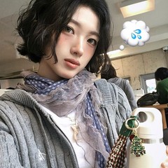 韓国の妖精超格好良いインブロガー風東大門シルクスカーフレディースグレーブルー水玉模様ロングレーススカーフ
