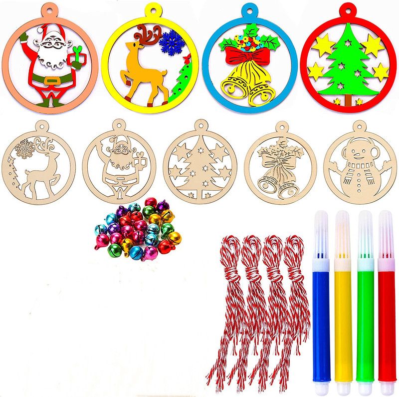 30 Pieces Wooden Unfinished Christmas Pendant DIY Children Adult Painting Christmas Tree Hanging Craft