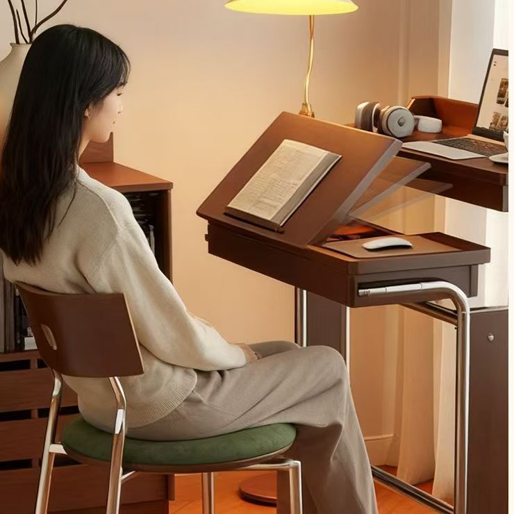 Retro Solid Wood Adjustable Office Computer Desk, Home-Use Movable Desk, Ultra-Narrow Folding Work Table, Bedroom Vanity Table