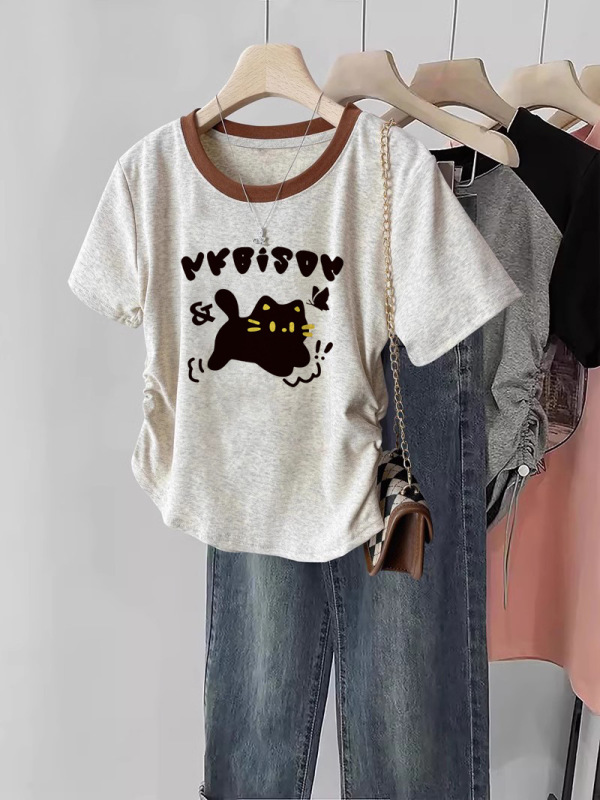 右肩ユニークで美しい半袖レディース Tシャツ 2025 年夏新作人気夏のレディースフィットウエストショートトップ|undefined