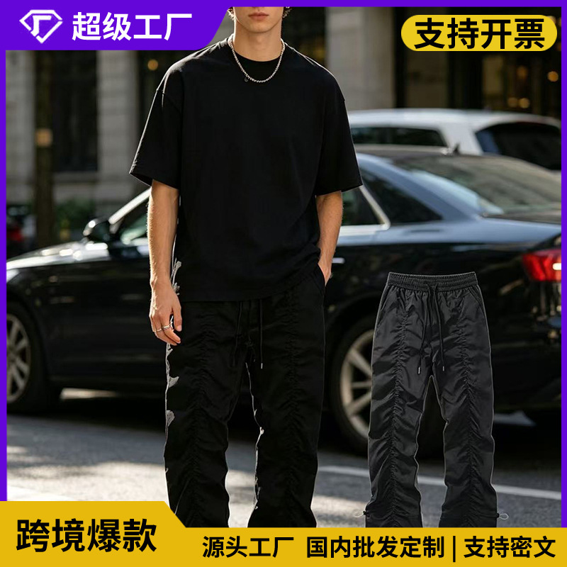 Cross-Border Workwear Hip-Hop Stacked Casual Pants for Men and Women, Slim Fit, Slightly Flared, Pleated, High Street Style, Trendy on Instagram
