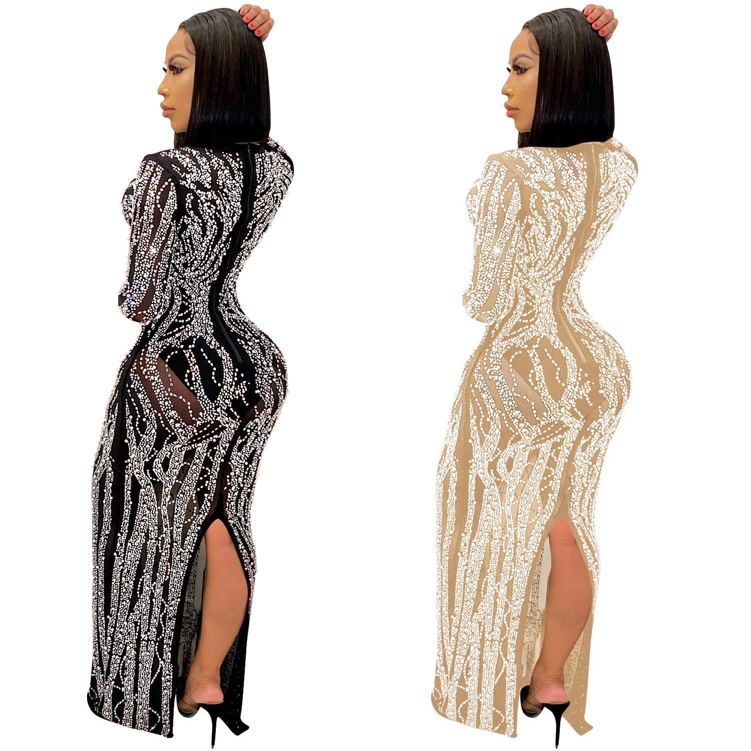 X5002 transfronterizo europeo y americano nuevo club nocturno sexy rhinestone diamante incrustado malla transparente brillante vestido de mujer image 6