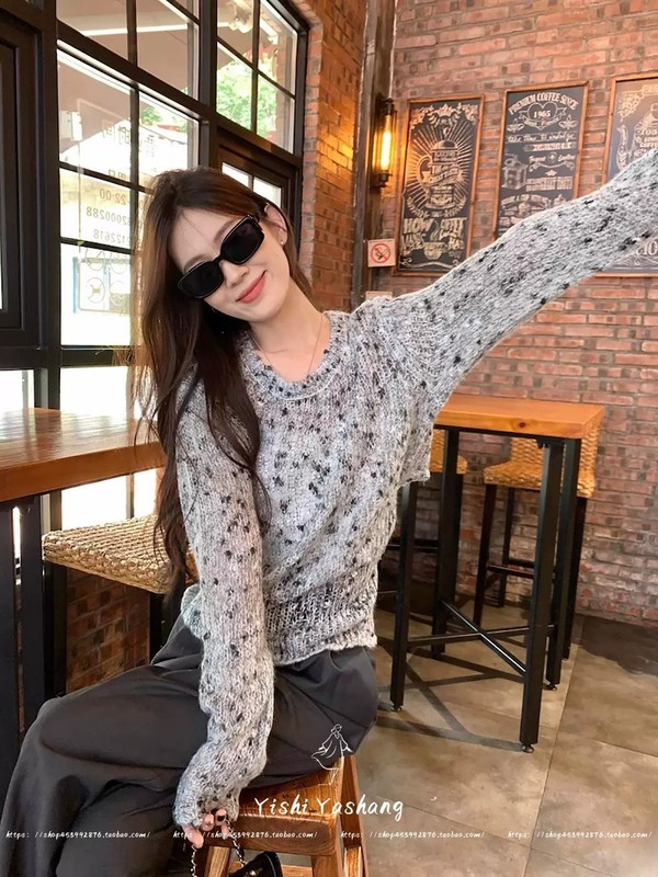 浅灰色毛衣女2025新款爆款秋季慵懒长袖上衣纯欲设计感镂空针织衫|undefined