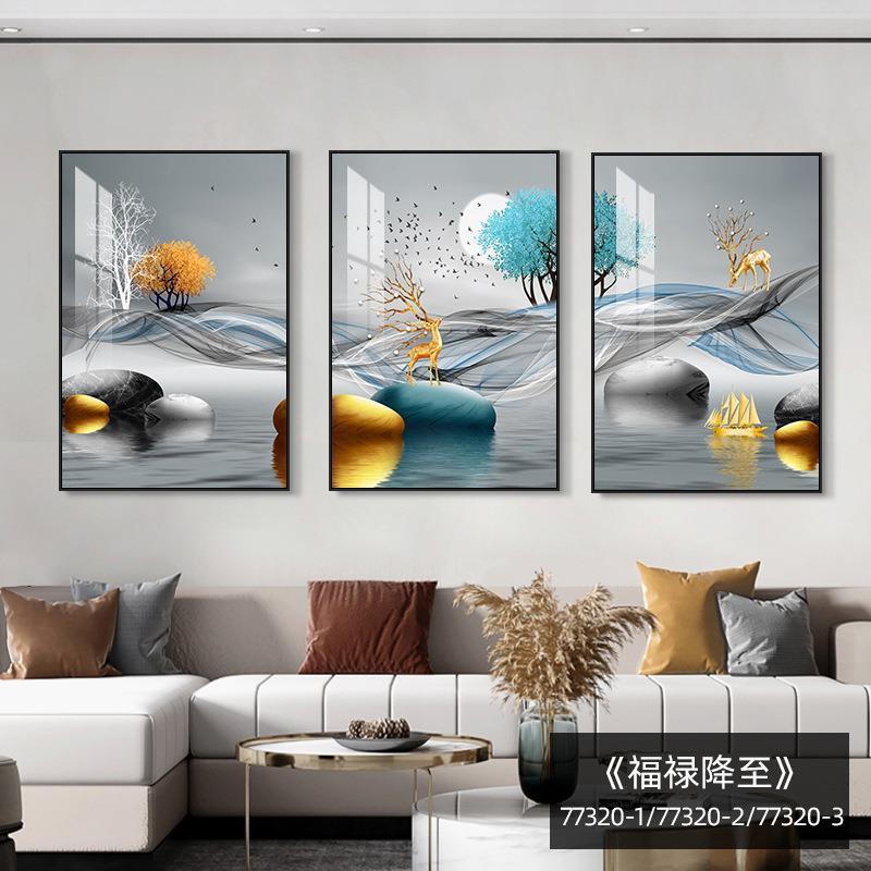 简约大气沙发背景墙聚宝盆山水画酒店宾馆客厅装饰画中式画福鹿|undefined