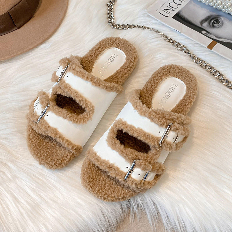 Dép sandal nữ quai ngang đế dày lót lông cừu, mang ngoài trời và đi biển — Màu trắng, Màu đen