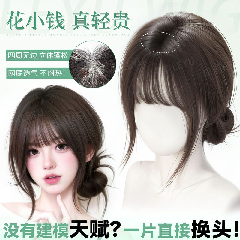 Borderless Bangs Wig for Women, Hairpiece for Covering White Hair, Real Hair Mixed with Synthetic Hair, Handmade Crochet, Lightweight Summer Fake Bangs