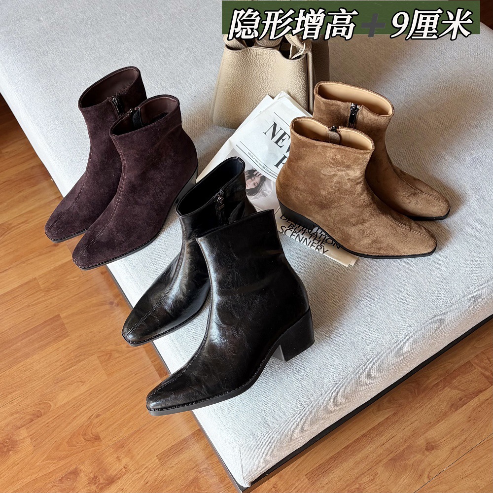 增高9cm~2025新款复古牛反绒方头粗跟女短筒真皮舒适中跟休闲瘦瘦