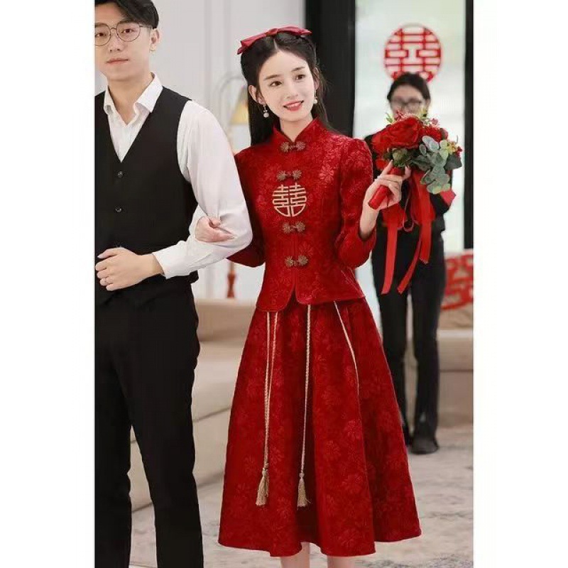 UNMUN新中式敬酒服新娘酒红色改良旗袍简约秀禾服两件套女订婚礼