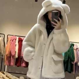 仿皮草毛毛外套冬季加厚毛绒连帽外套环保可爱皮草外套年轻款外套