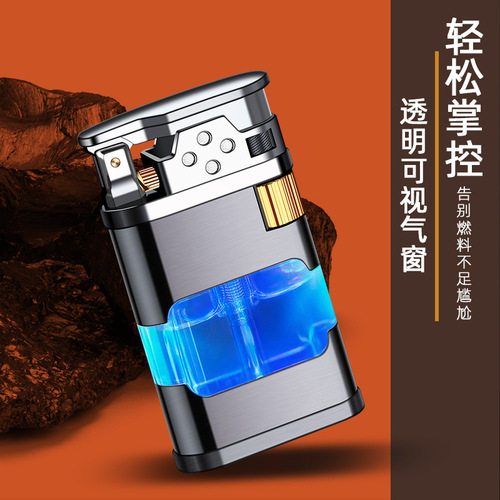国潮新款复古直冲明火充气打火机透明油仓带灯跨境工厂批发