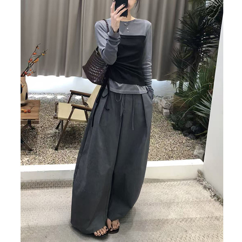 韩系女时尚撞色拼接假两件长袖上衣2025春秋款系带收腰阔腿裤套装|undefined
