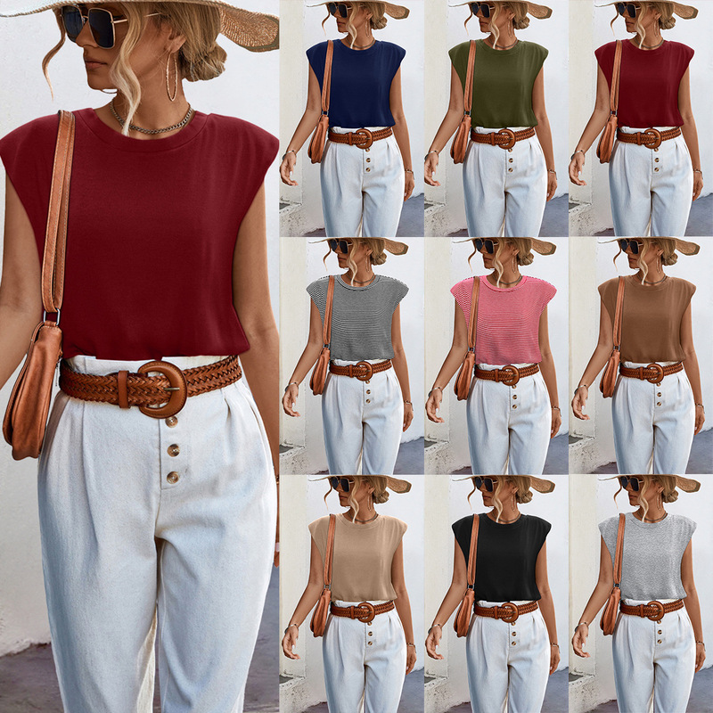 2024 Spring and Summer New Cross-border European and American Women's Clothing Amazon Independent Station Hot Explosions Sleeveless Pure Color Striped T-shirt