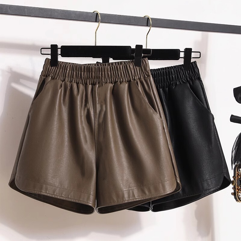 Brown Leather Shorts for Women 2026 Autumn New Style Pu Large Size Loose Wide-Leg Elastic Five-Point Pants for Outerwear and Layering