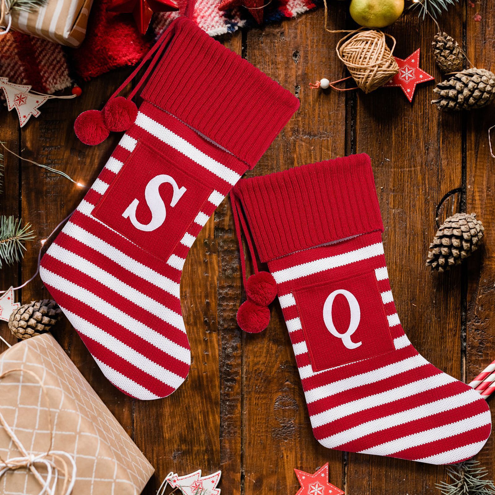 Navidad transfronteriza letras grandes calcetines de Navidad lindo rojo y verde rayas colgante de árbol de Navidad decoraciones navideñas creativas