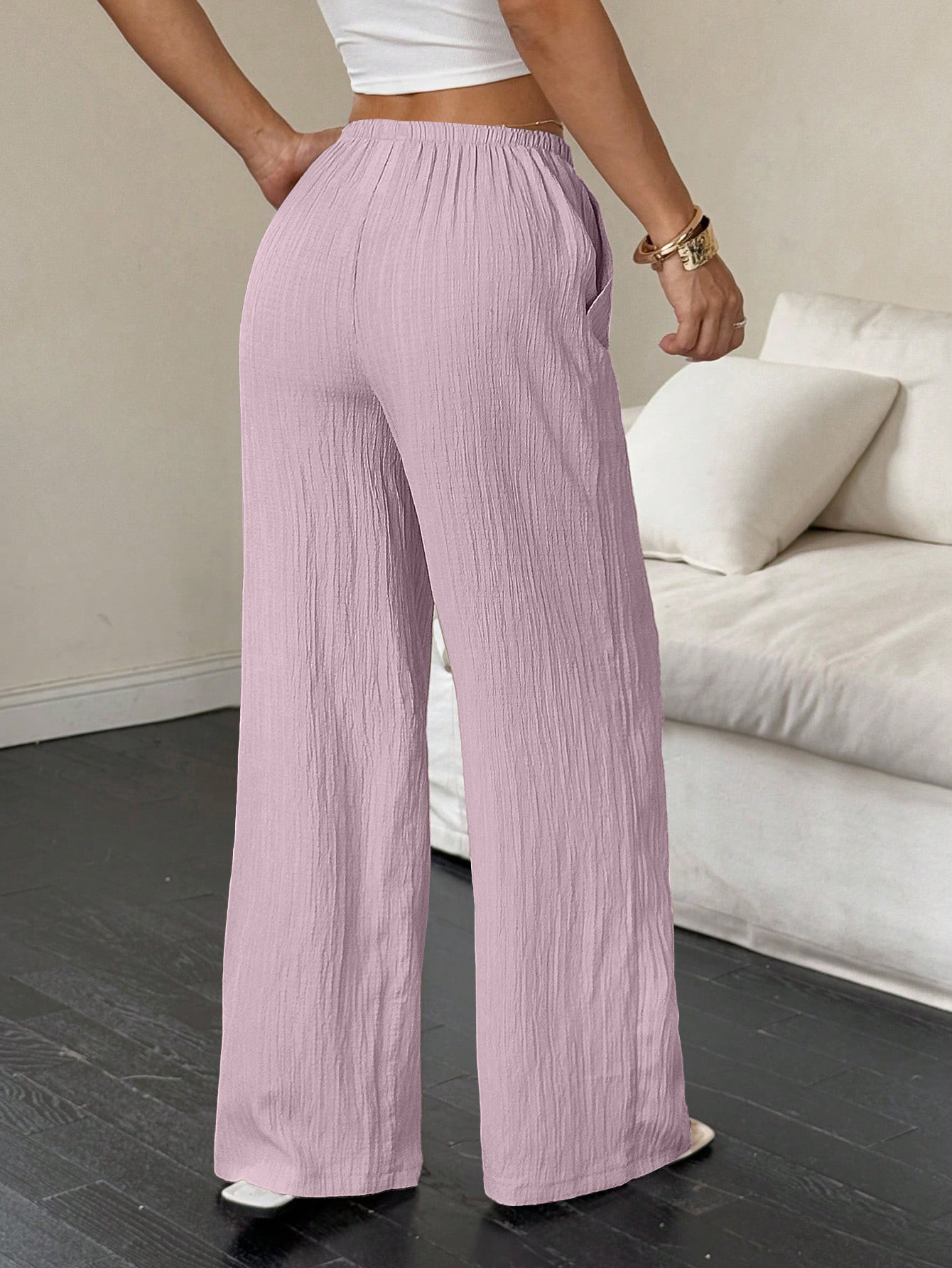 Damen Weithosen Freizeithose Mit Knotentaille Strukturstoff_voghion.com