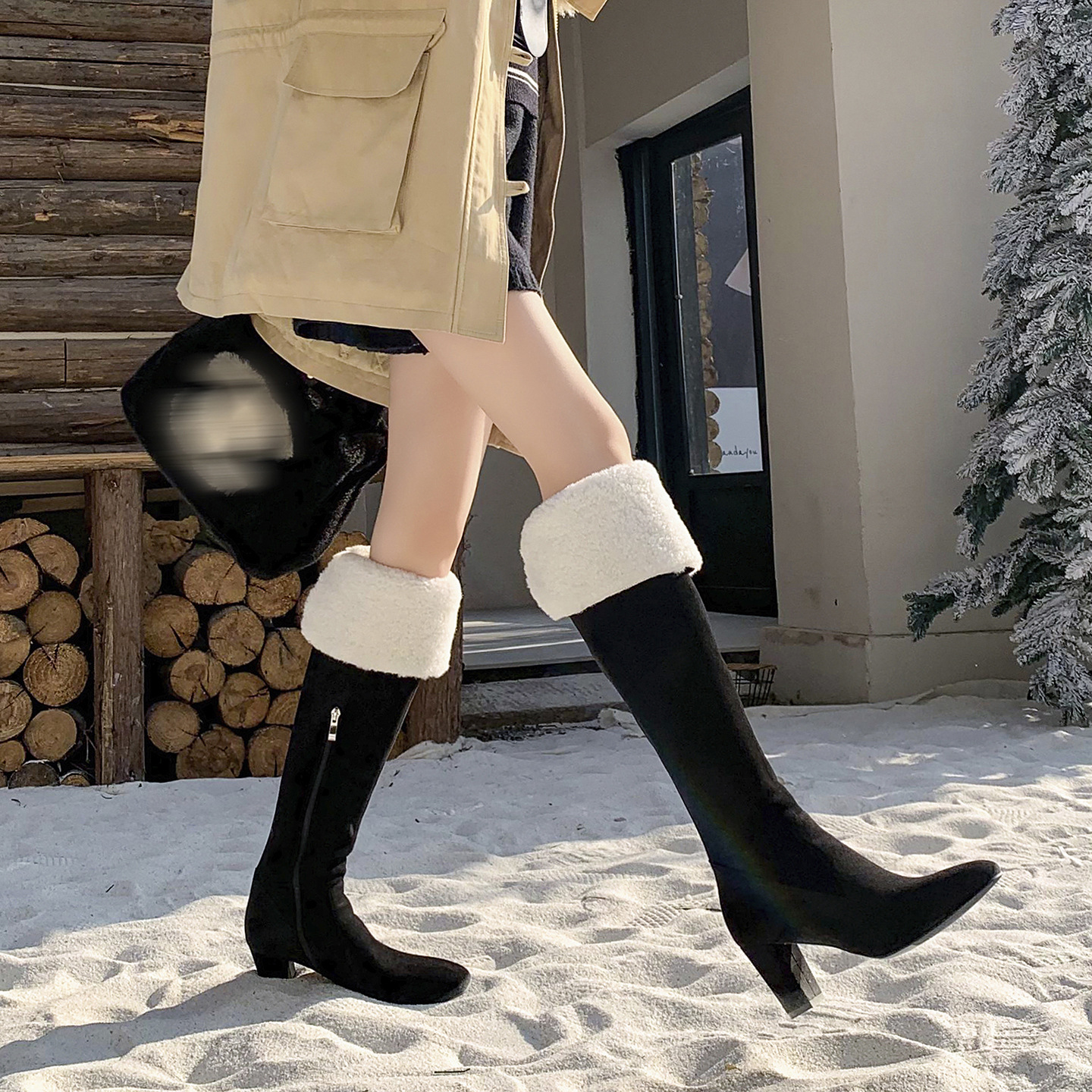 Boot nữ cổ cao ôm bắp chân lông cừu ấm, gót thô 5 cm, phong cách cưỡi ngựa — màu đen