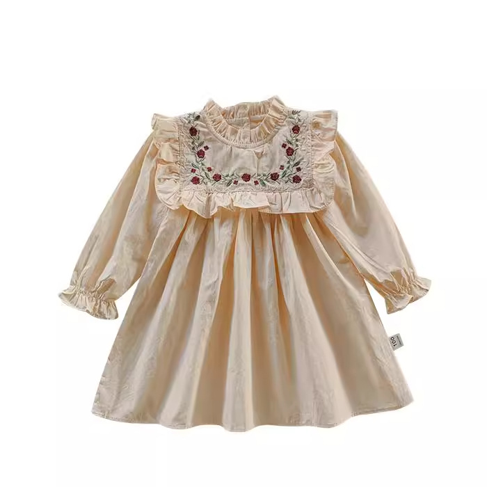 Francés bordado flor stand collar niña vestido 2024 primavera y otoño volantes manga larga niña princesa vestido al por mayor
