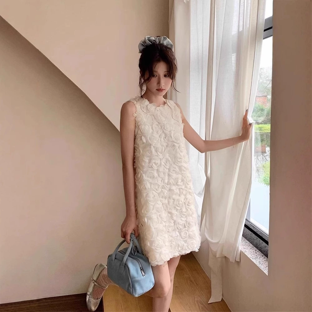 Корейское трехмерное жаккардовое платье-жилет без рукавов с розами для женщин, летняя белая прямая длинная юбка во французском женском стиле