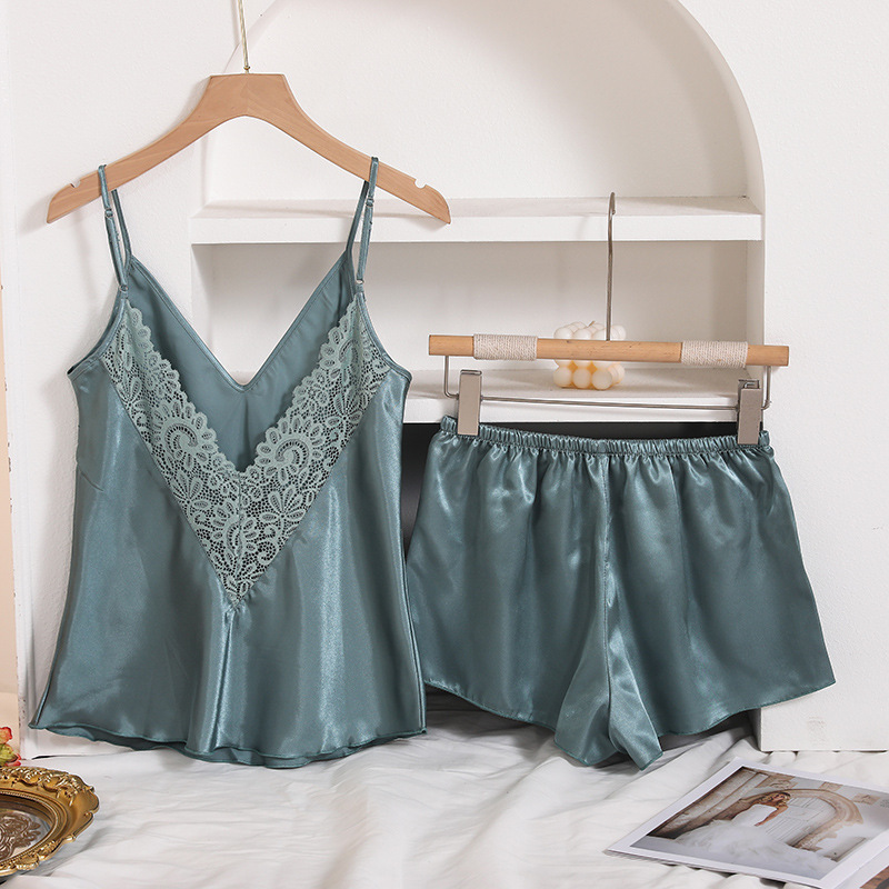 Spring and summer silk pajamas two-piece set fashion solid color shorts home clothes suit sexy lace skirt