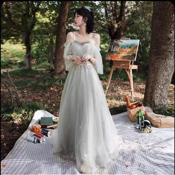 可伴娘服女款大码婚礼新款姐妹简约晚礼服连衣裙平时灰色伴娘服穿|undefined