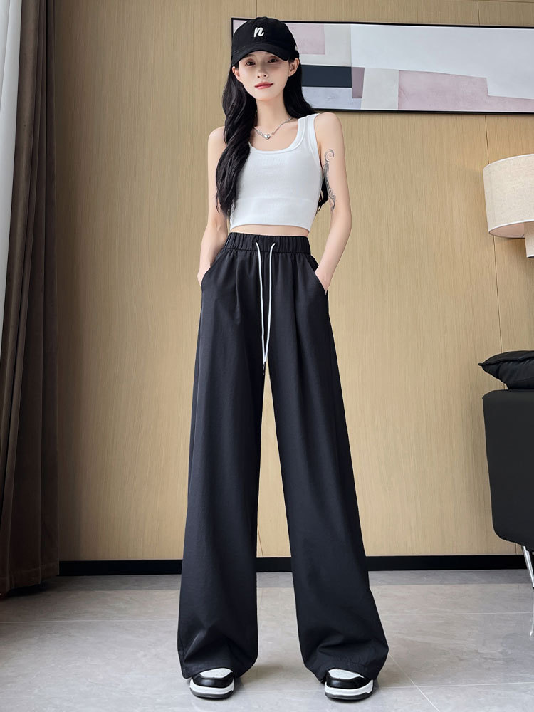 Pantalones de cimeta de hielo negro para mujeres otoño grueso 2026 nuevos pantalones de cintura alta sensación de relajación pantalones de piernas largas sueltas