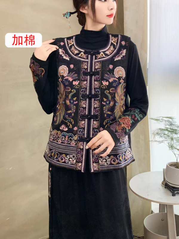 2025秋冬款加棉国风缎面重工刺绣女坎肩宽松版女士对称绣民族风马|undefined