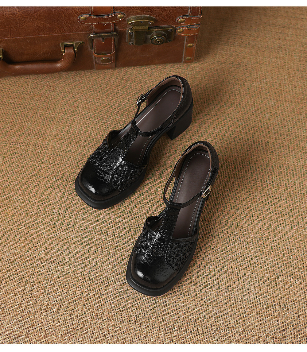 Sandal cao gót nữ quai ngang phong cách vintage, gót 8.5 cm, đế dày, mũi kín — đen chi tiết 20