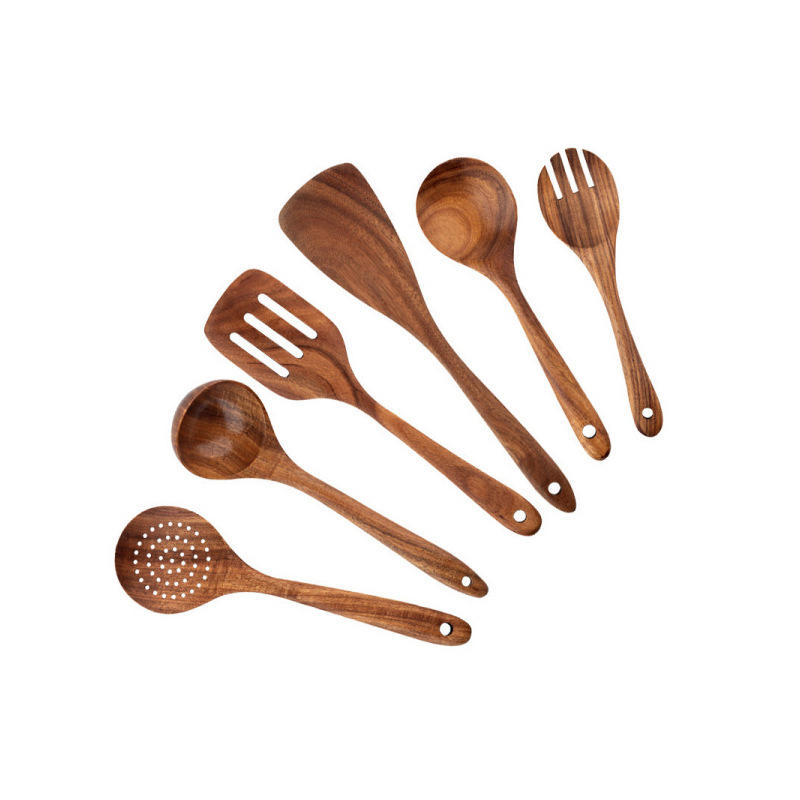 Set de madera de teca horquilla de madera sólida horquilla antiadherente horquilla de madera de acacia cocina utensilios de cocina de mango largo horquilla de verduras pala de cocina conjunto de varias piezas